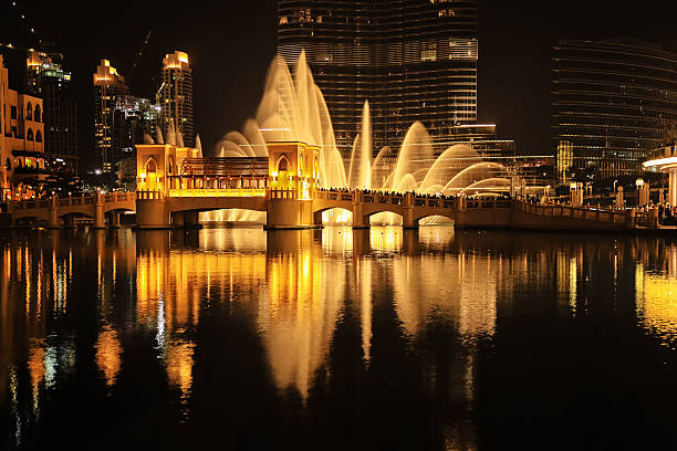 A picture of the Dubai Mall during the cooler months, with the iconic fountain and Burberry store in the background