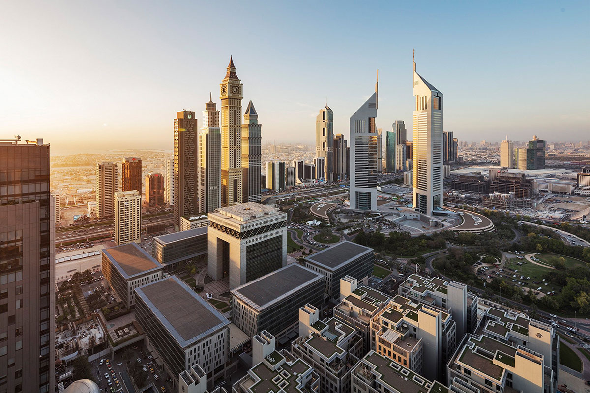 A panoramic view of Dubai International Financial Center, also known as DIFC, showcasing the modern architecture and bustling financial district.