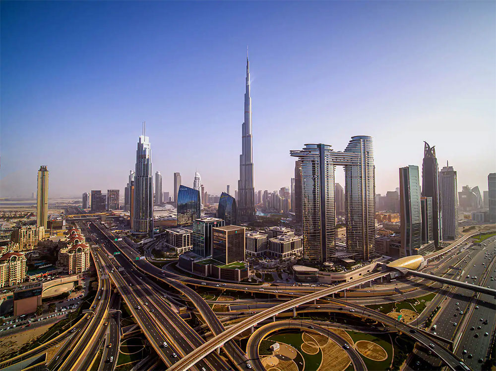 Aerial view of Downtown Dubai with Burj Khalifa in the background