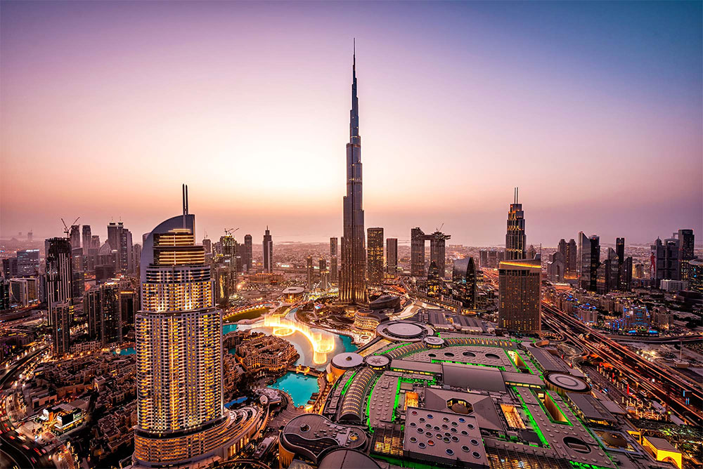 Aerial view of Downtown Dubai with modern high rise buildings