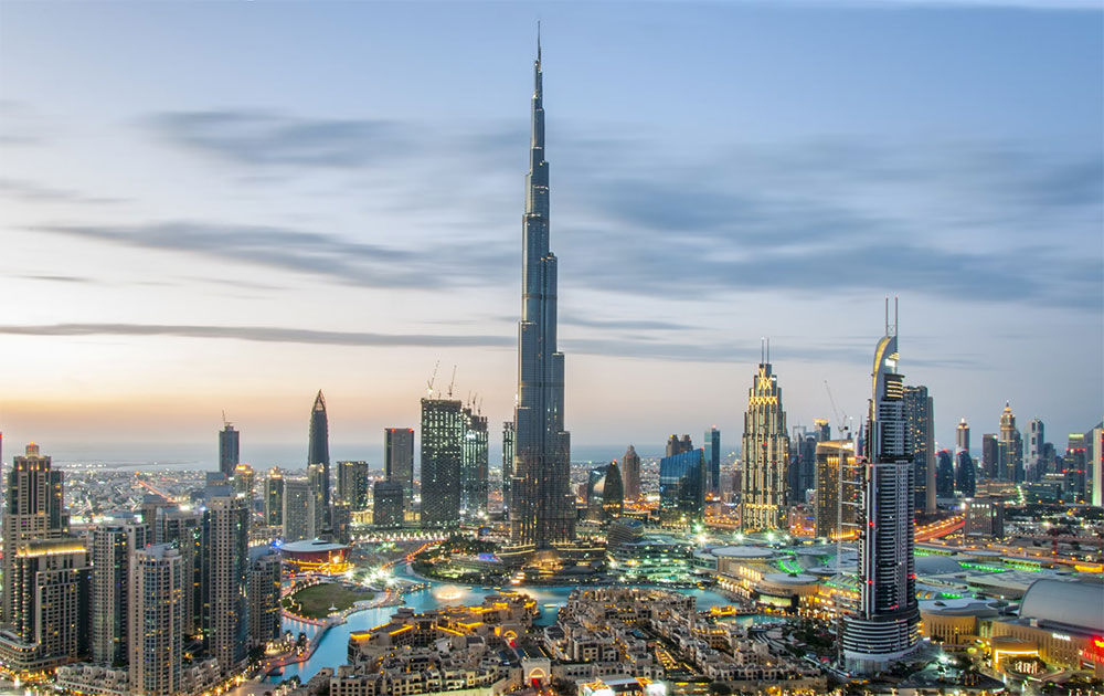 Aerial view of Downtown Dubai with nearby attractions and neighborhoods