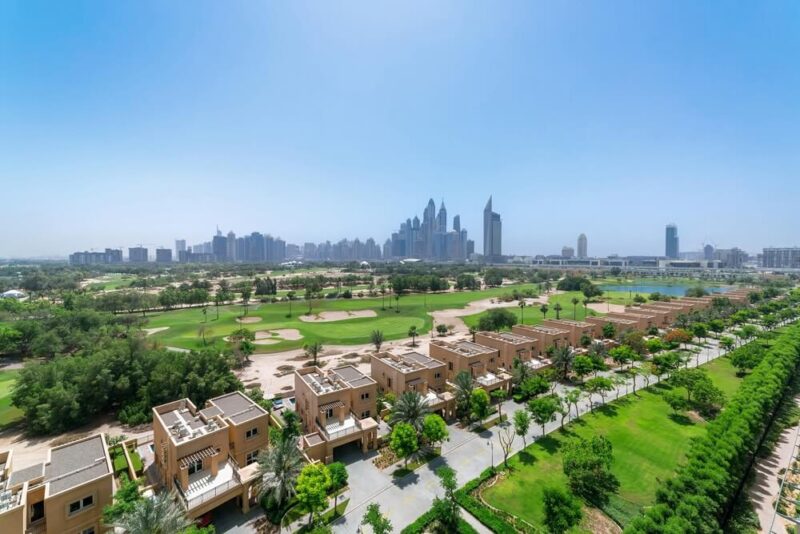 Aerial view of Downtown Dubai with parks and green spaces