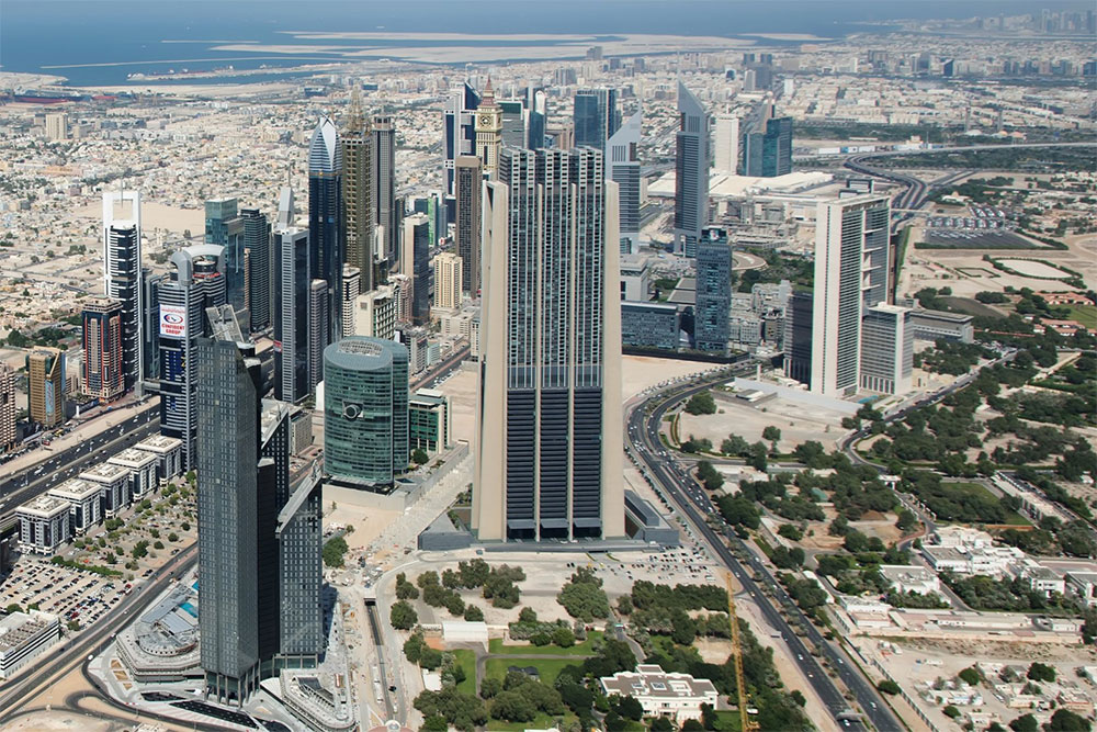 Aerial view of Dubai International Financial Centre in Business Bay