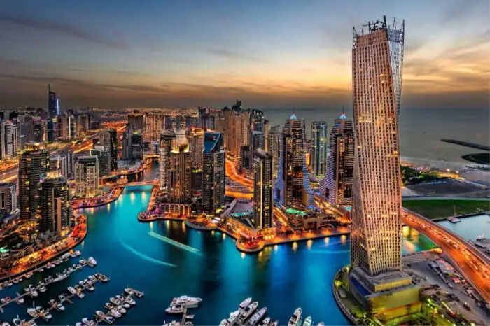 Aerial view of Dubai Marina Mall with seven floors of high street fashion, chic restaurants and entertainment facilities