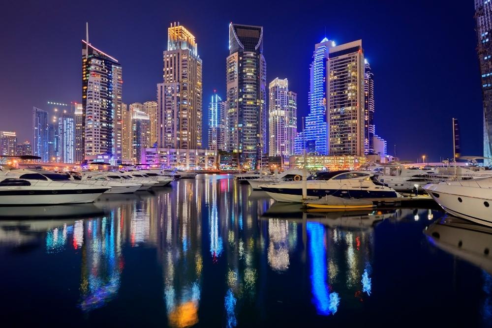 Aerial view of Dubai Marina with stunning views of the skyline and luxurious hotels