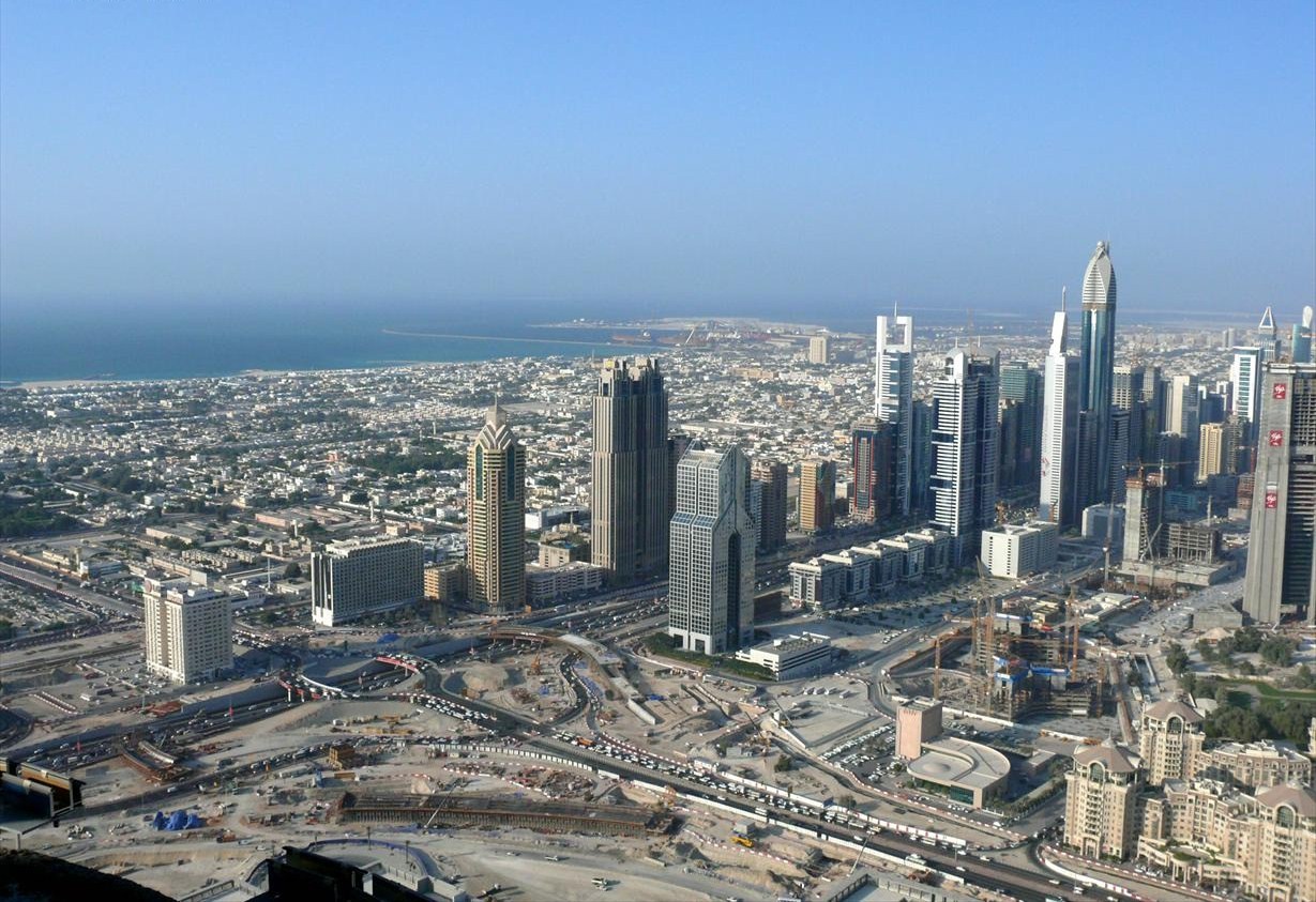 Aerial view of Dubai World Trade Centre and Al Fahidi Historical Neighbourhood