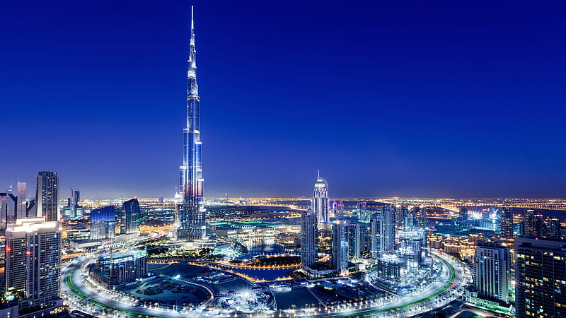 Aerial view of Dubai skyline with Burj Khalifa
