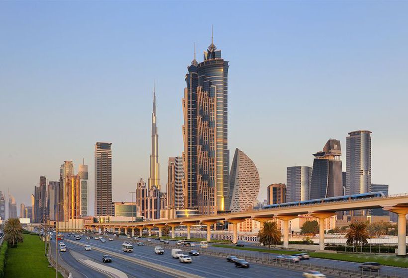 Aerial view of JW Marriott Marquis Hotel and other notable landmarks in Business Bay