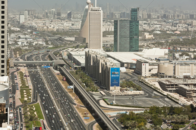 Aerial view of Sheikh Zayed Road with two metro stations in Dubai