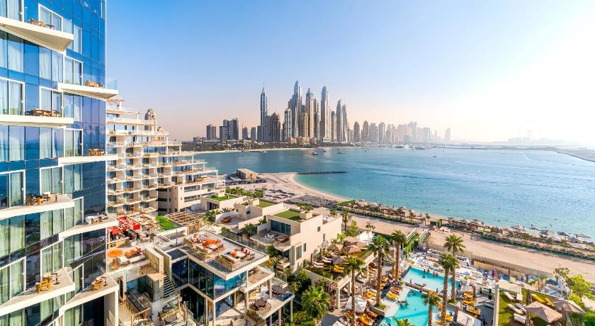 Aerial view of W Dubai The Palm, a luxurious hotel located on Palm Jumeirah Dubai