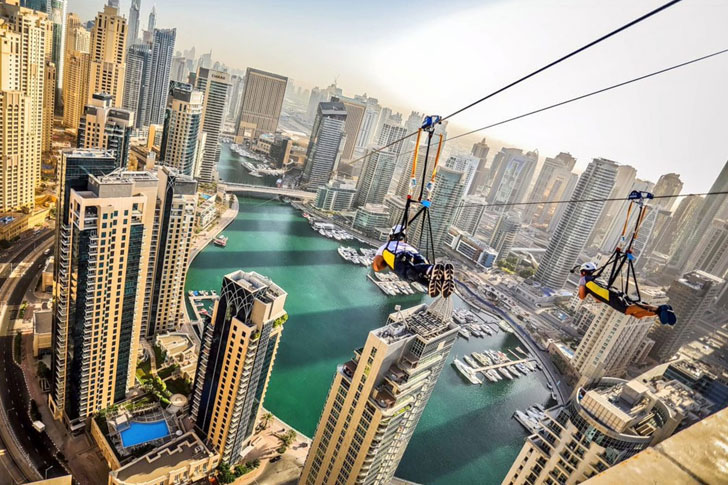 An exciting zipline adventure over the stunning Dubai Marina with breathtaking views of the cityscape.